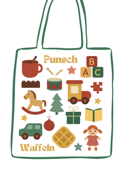 eine grafische Einkaufstüte mit Spielzeugicons in bunten Farben