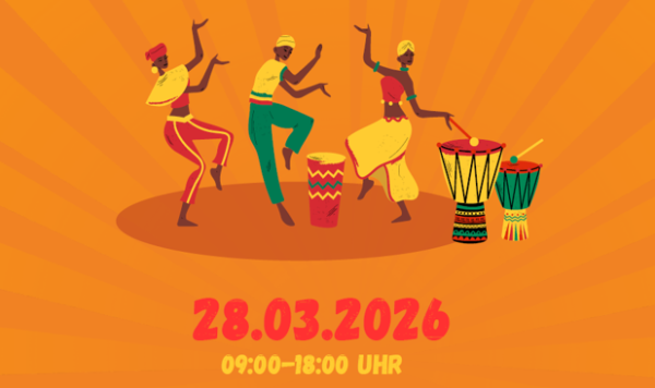 Bunte Illustrationen von tanzenden Figuren auf orangefarbenem Hintergrund mit Datum 28.03.2026.