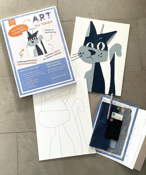 Katzenmotive aus Jeans in verschiedenen Blautönen. Denim Upcycling für und mit Kindern