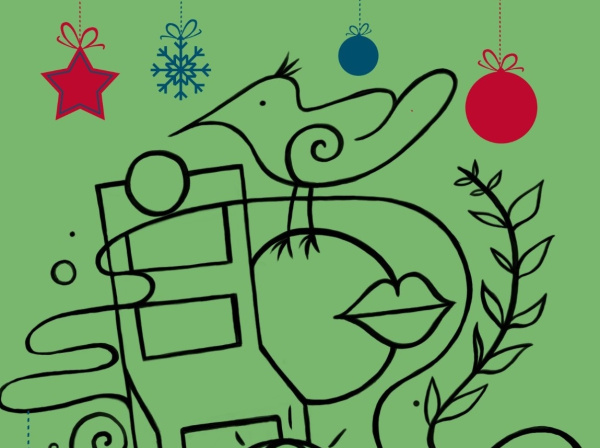 Logo vom Lebendigen Adventskalender mit Stuhl, Weihnachtsdekorationen, Händen, Mündern, Vogel