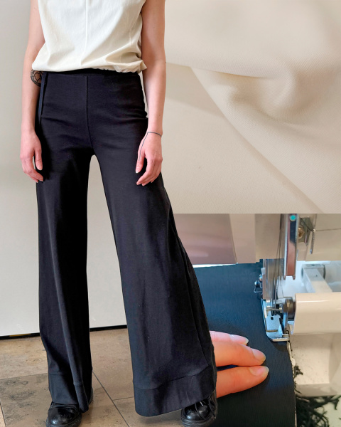 Collage aus: Person trägt schwarze weite Hose, Jersey-Stoff und Overlock Maschine.