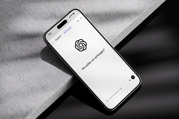 Smartphone zeigt ChatGPT-App mit ChatGPT-Logo und Eingabefeld 'Wo sollen wir anfangen?'