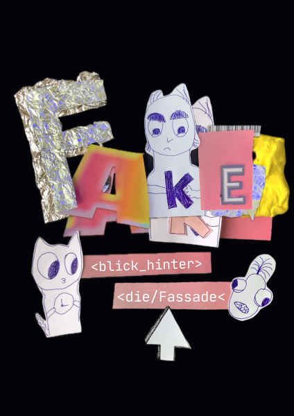 einzelne Buchstaben zusammengewürfelt zu einem Wort FAKE und Gesichter