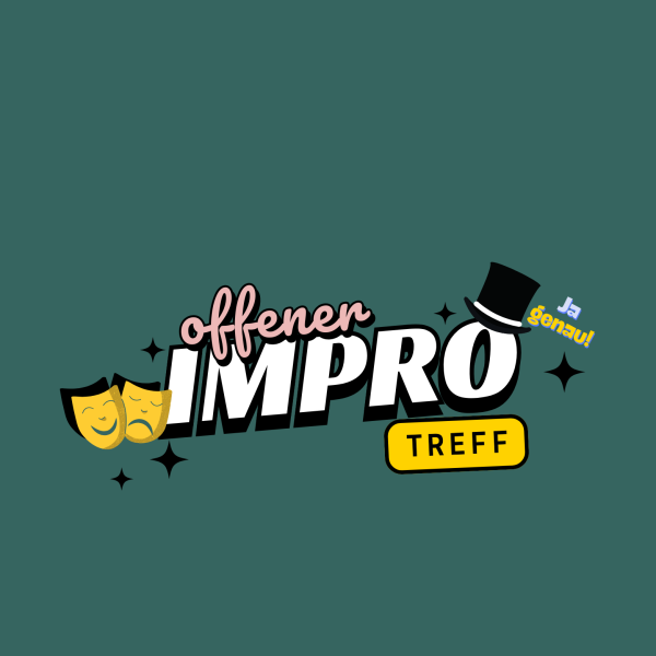 Schriftzug offener Improtreff mit Theater-Symbolen