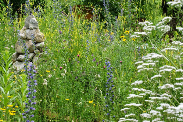 Ein Steinhaufen in Pyramidenform in einer Blumenwiese
