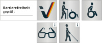 fünf Piktogramme Rollstuhl Brille Blindenstock großes V und der Text Barrierefreiheit geprüft
